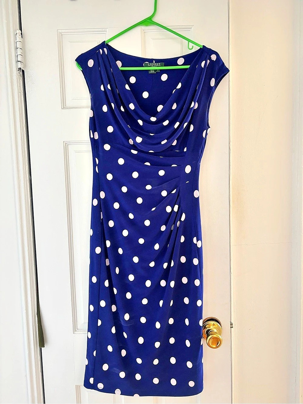 Lauren Ralph Lauren Dress Polka Dot Draped Mini Blue & White Size 8